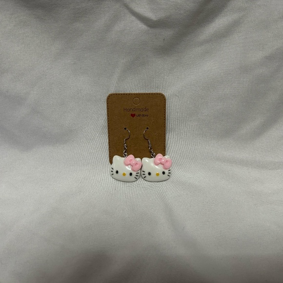 Handmade Pink Bow Hello Kitty Earrings - Picture 1 of 7